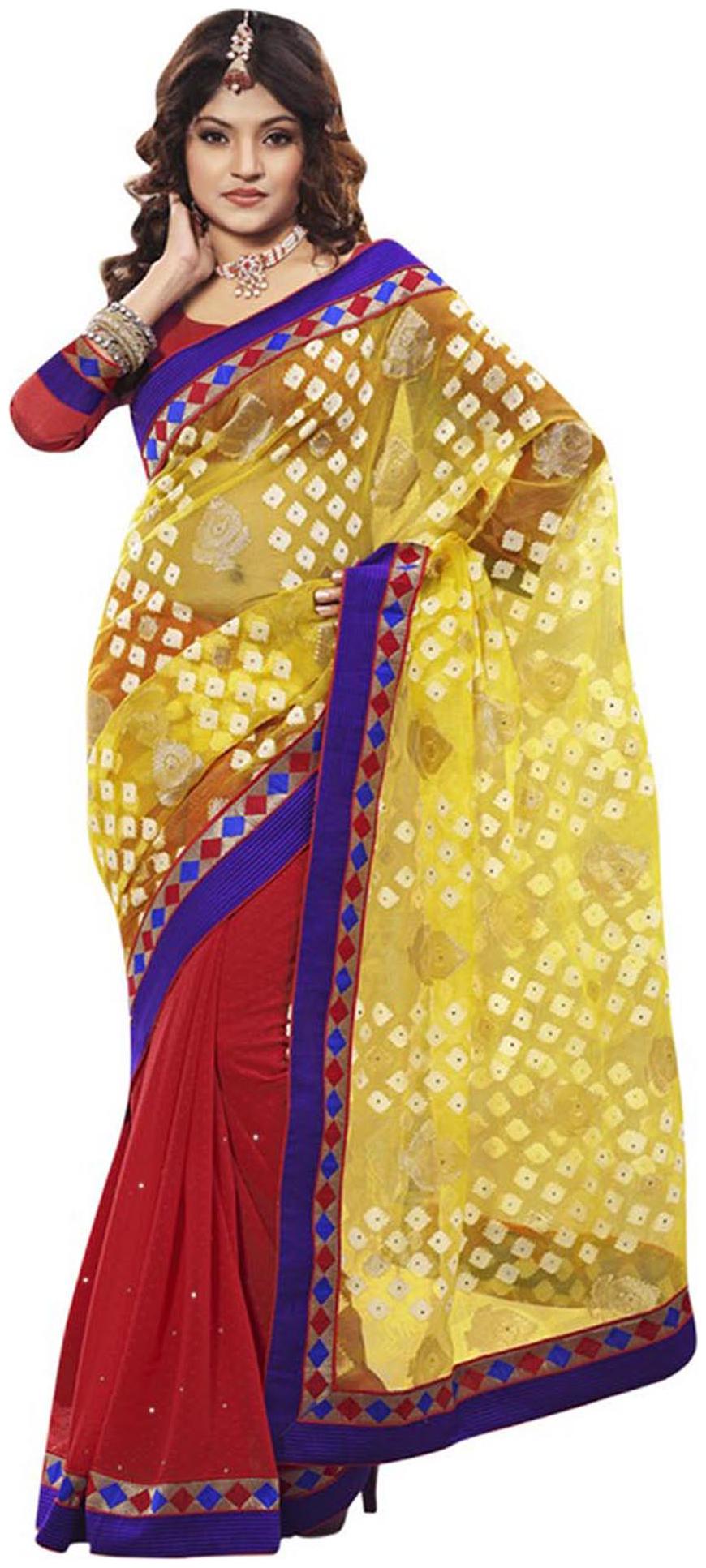 

Touch Trend Yellow And Red Faux Georgette Embroidered Saree