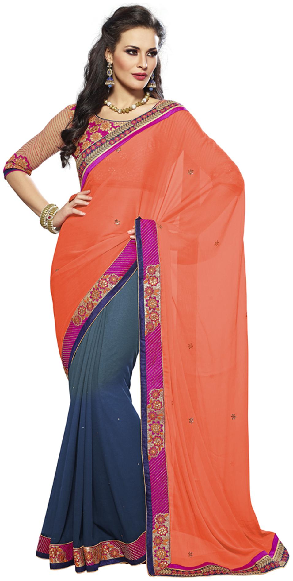 

Touch Trends Orange Chiffon And Georgette Saree