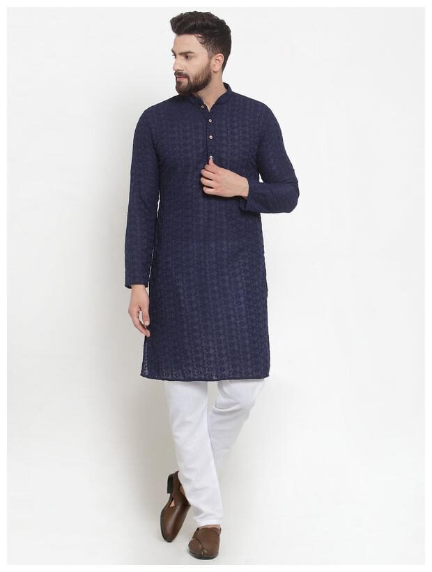 

TREEMODA Men Cotton Embroidered Navy Blue Kurta Pyjamas