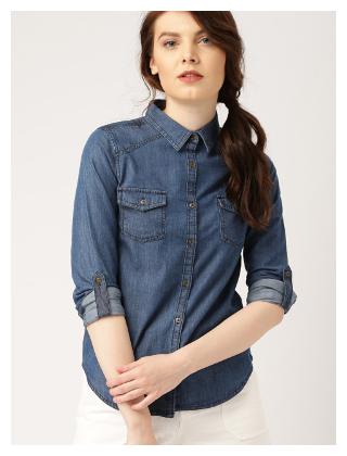 

Lady Bird Women Blue Solid Slim Fit Shirt