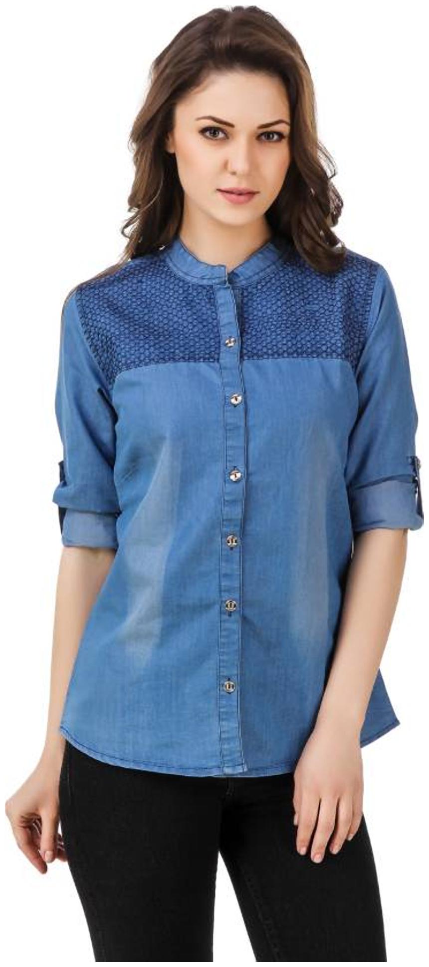 

Trendy frog Women Blue Embroidered Regular Fit Shirt