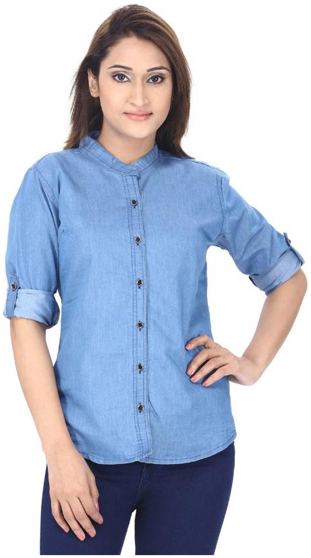 

Trendy frog Women Blue Solid Slim Fit Shirt