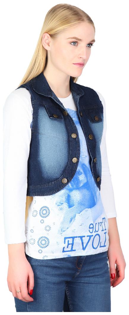 

Trendy Frog Women Sleeveless Solid Denim Flap Shrug Blue Large Size