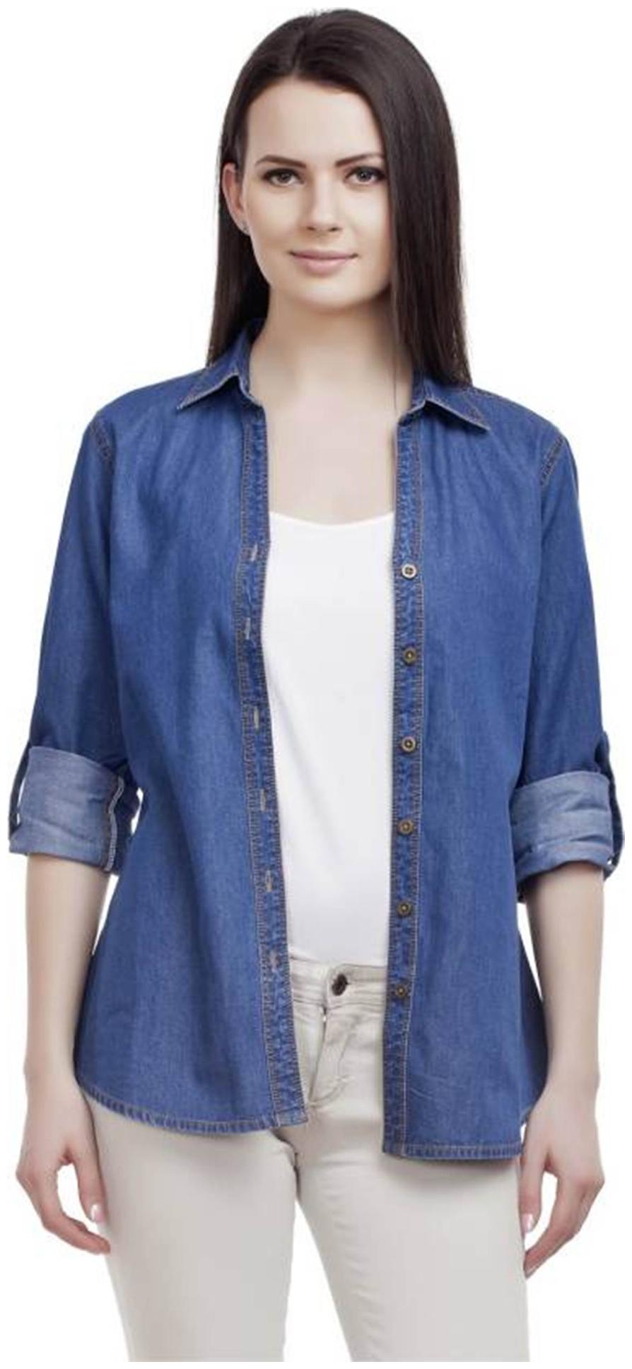 

Trendy frog Women Blue Solid Slim Fit Shirt