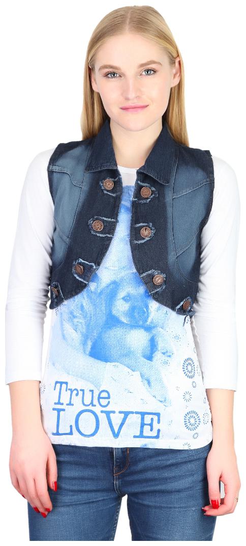 

Trendy Frog Women Sleeveless Solid Denim Shrug Blue Medium Size