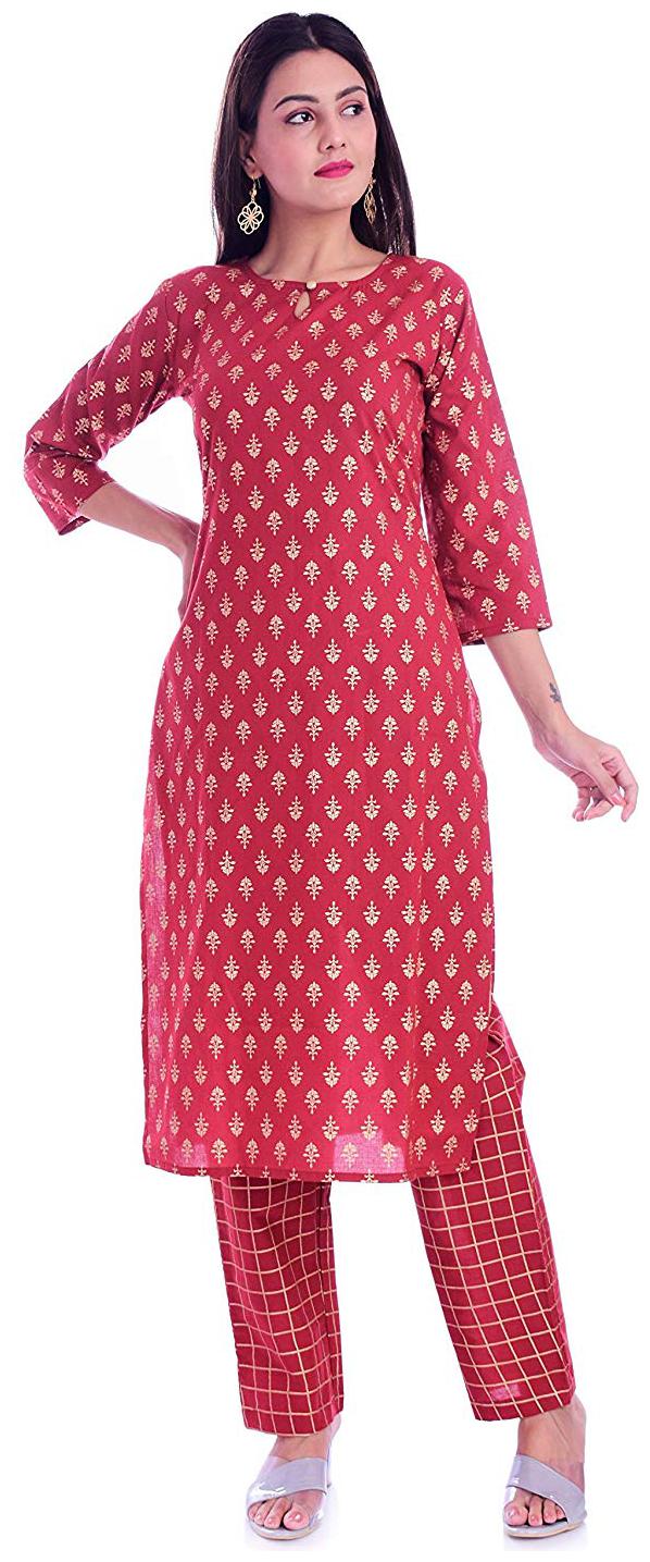 

The Mini NEEDLE Women Maroon Printed Straight Kurta With Pants