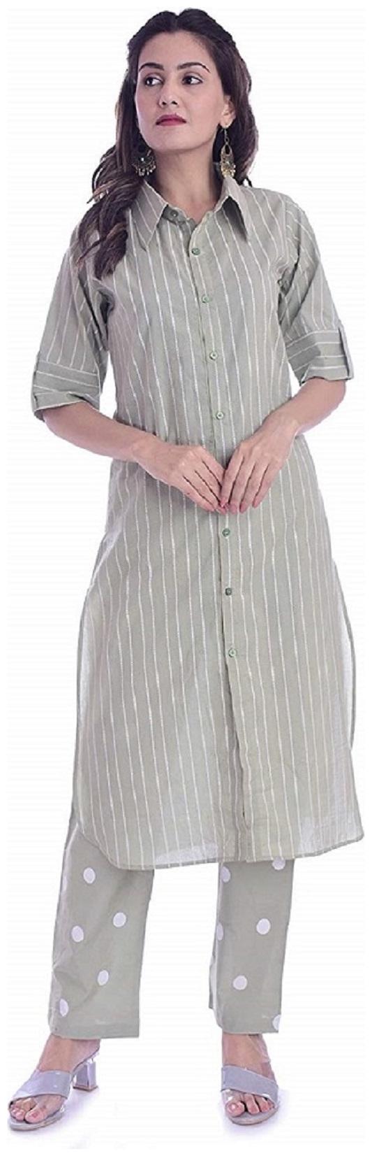 

The Mini NEEDLE Women Green Striped Straight Kurta With Palazzo