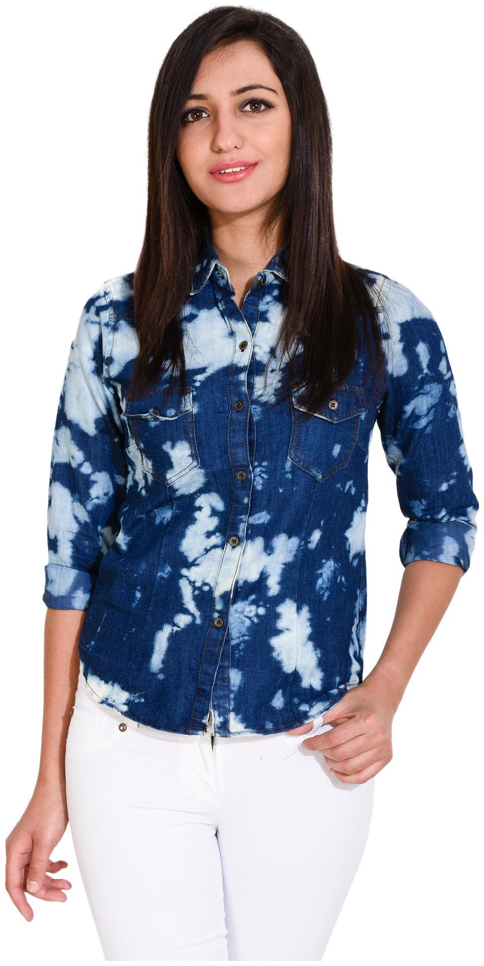

Trendy frog Women Blue Self Design Regular Fit Shirt