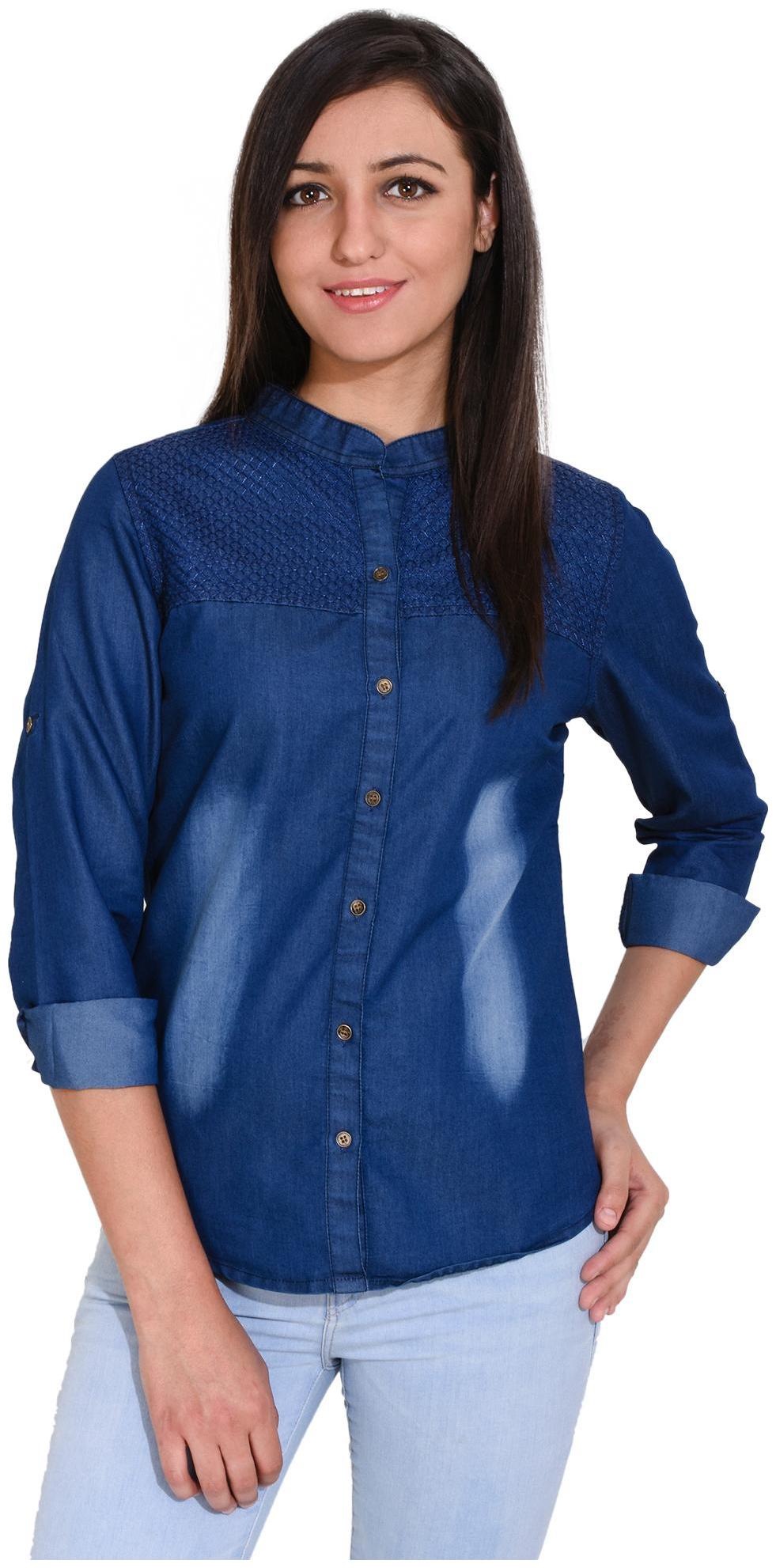 

Trendy frog Women Blue Embroidered Regular Fit Shirt