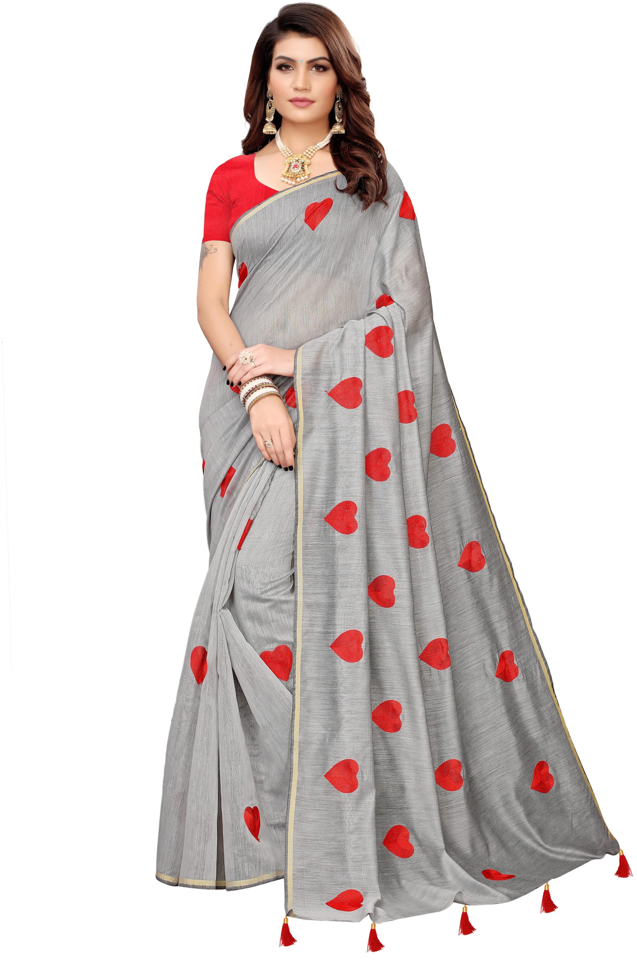 

TrendyGirl Grey Red Hearts Chanderi Saree