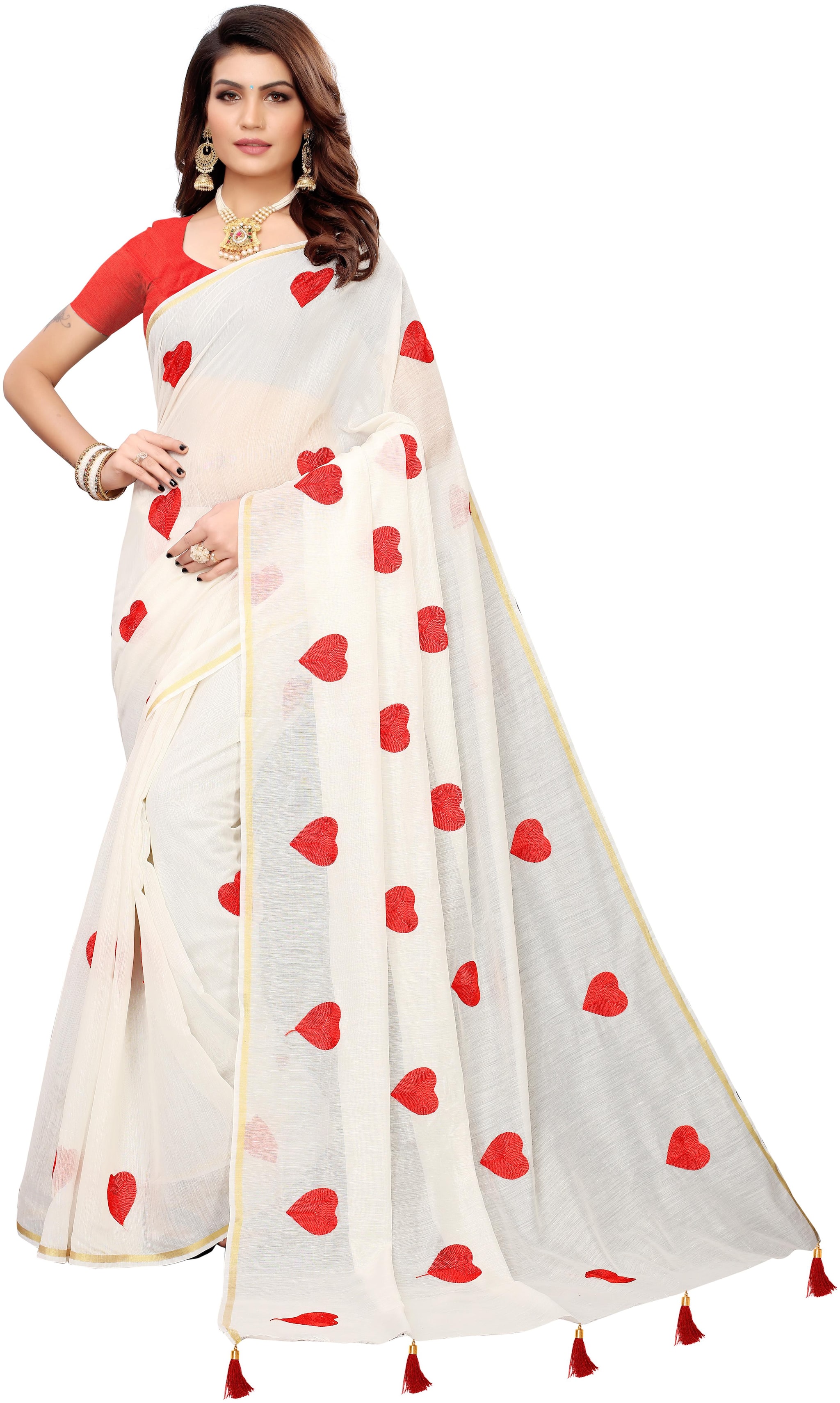 

TrendyGirl White Red Hearts Chanderi Saree