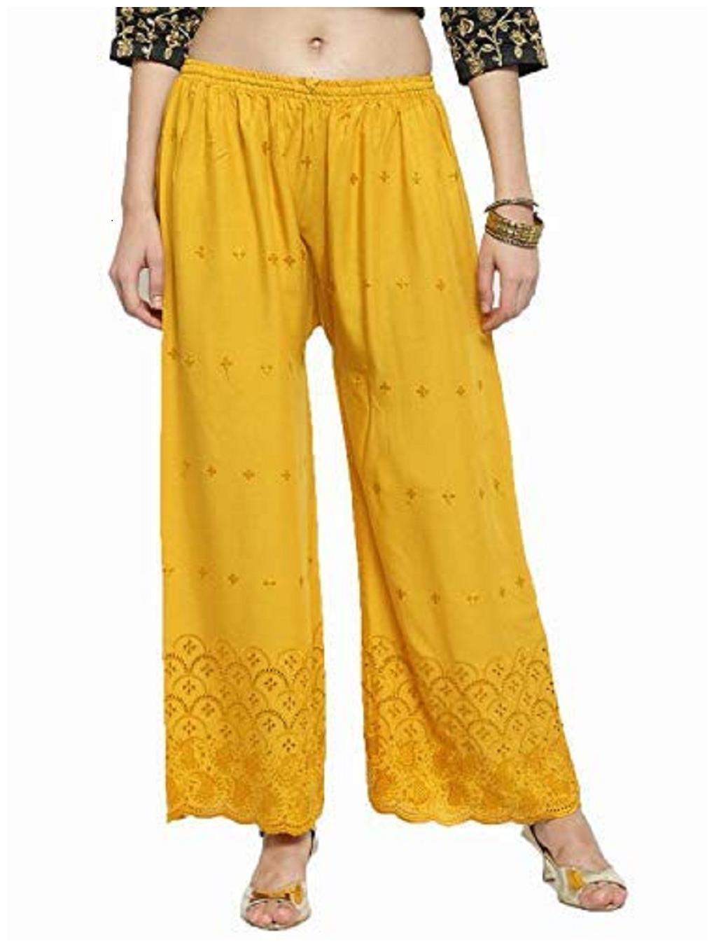

Trendzmy Yellow Embroidered Flared Palazzo