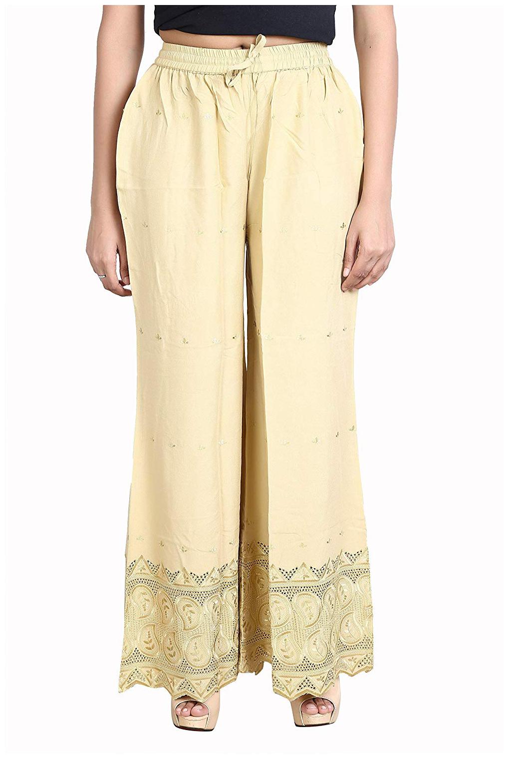 

Trendzmy Cream Embroidered Flared Palazzo