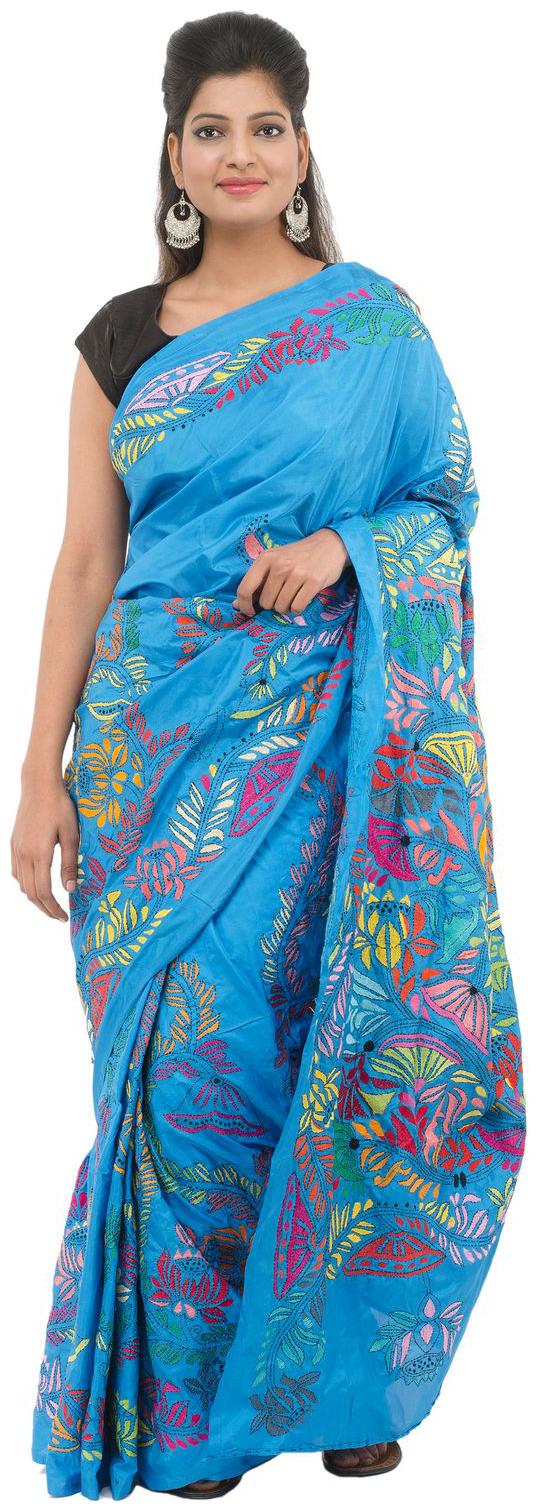 

Tribes India Blue Kantha Silk Saree