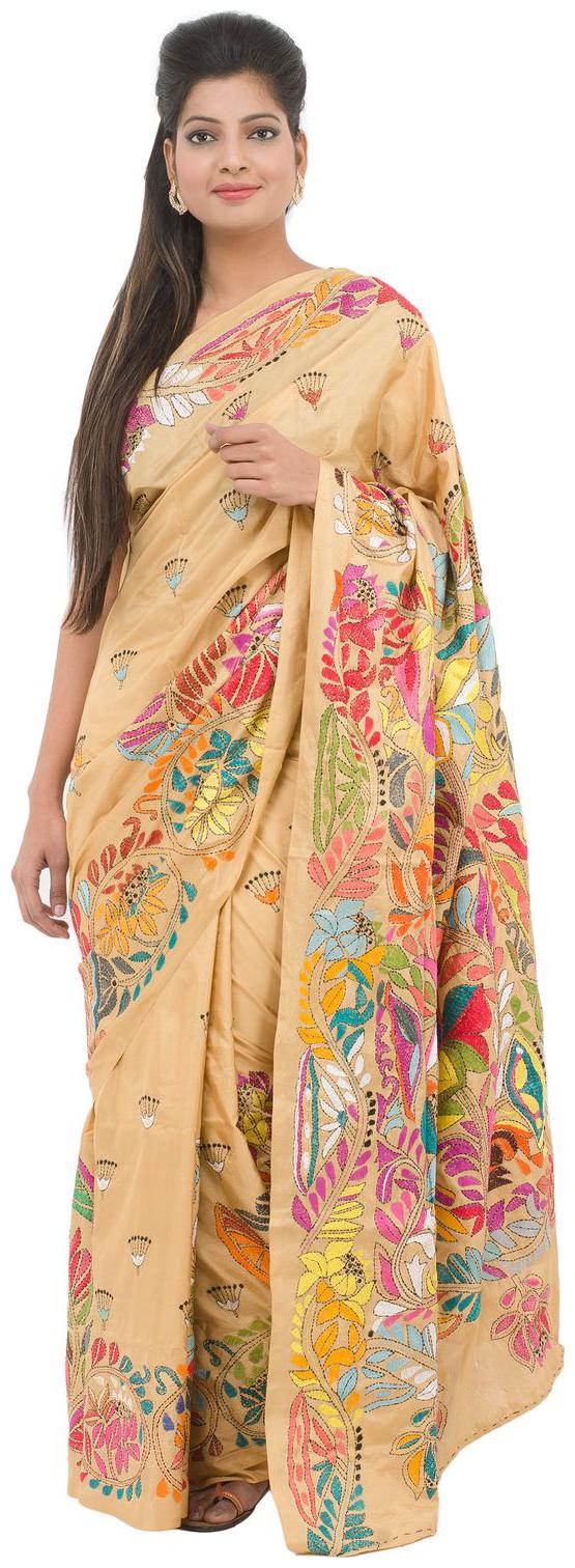 

Tribes India Yellow Kantha Silk Saree