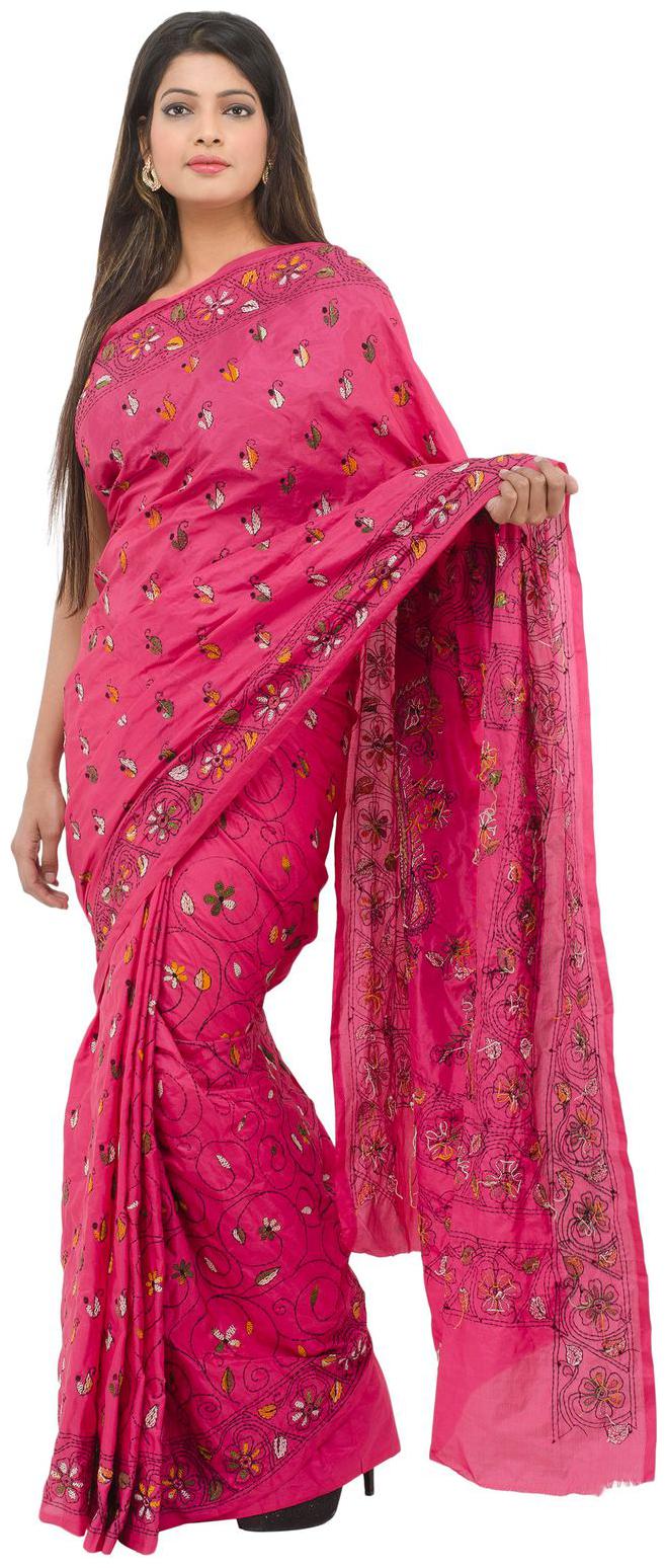 

Tribes India Pink Embroidered Kantha Designer Saree With Blouse With blouse