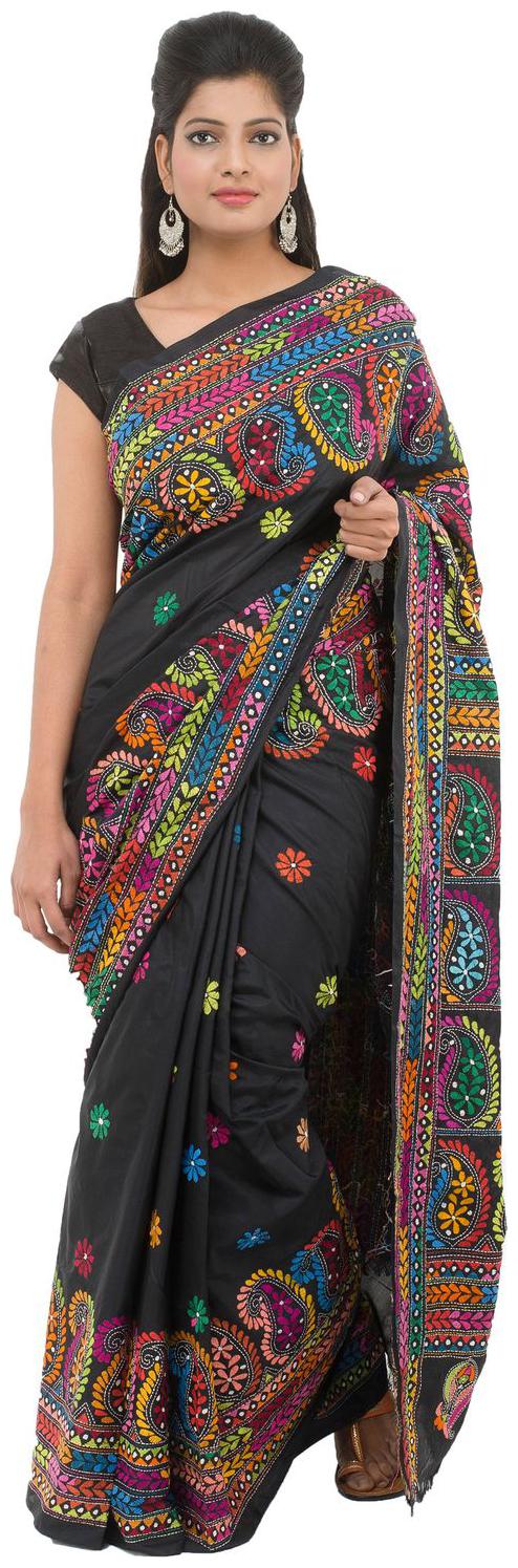 

Tribes India Black Embroidered Kantha Designer Saree With blouse