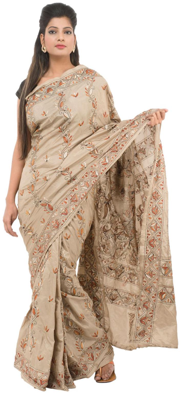 

Tribes India Off White Embroidered Kantha Designer Saree With Blouse With blouse