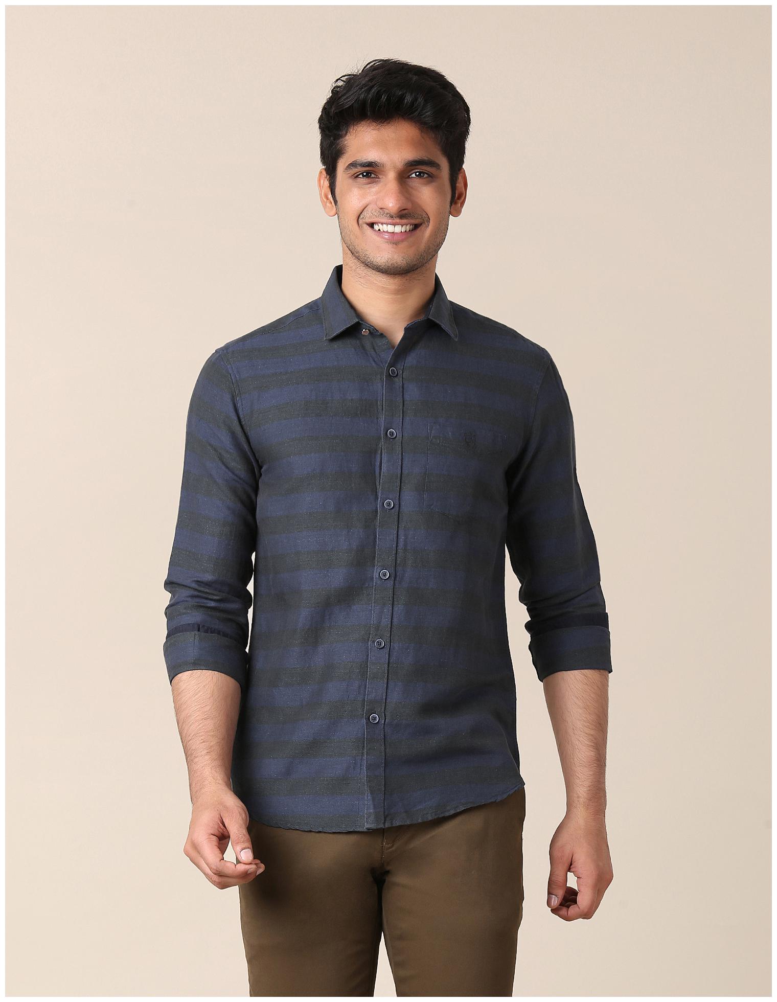 

True Blue Linen Striped Blue Color Casual Shirt For Men