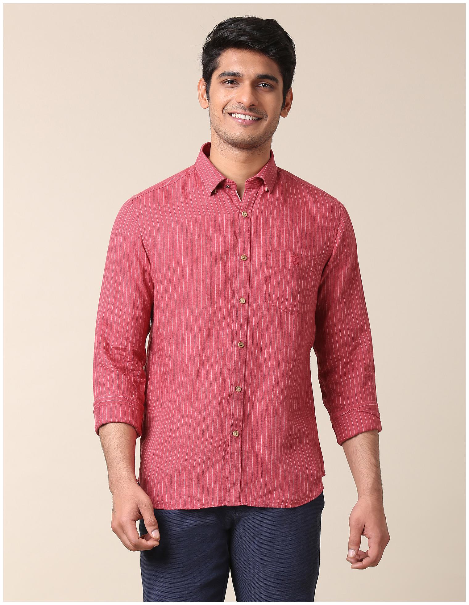 

True Blue Linen Striped Red Color Casual Shirt For Men