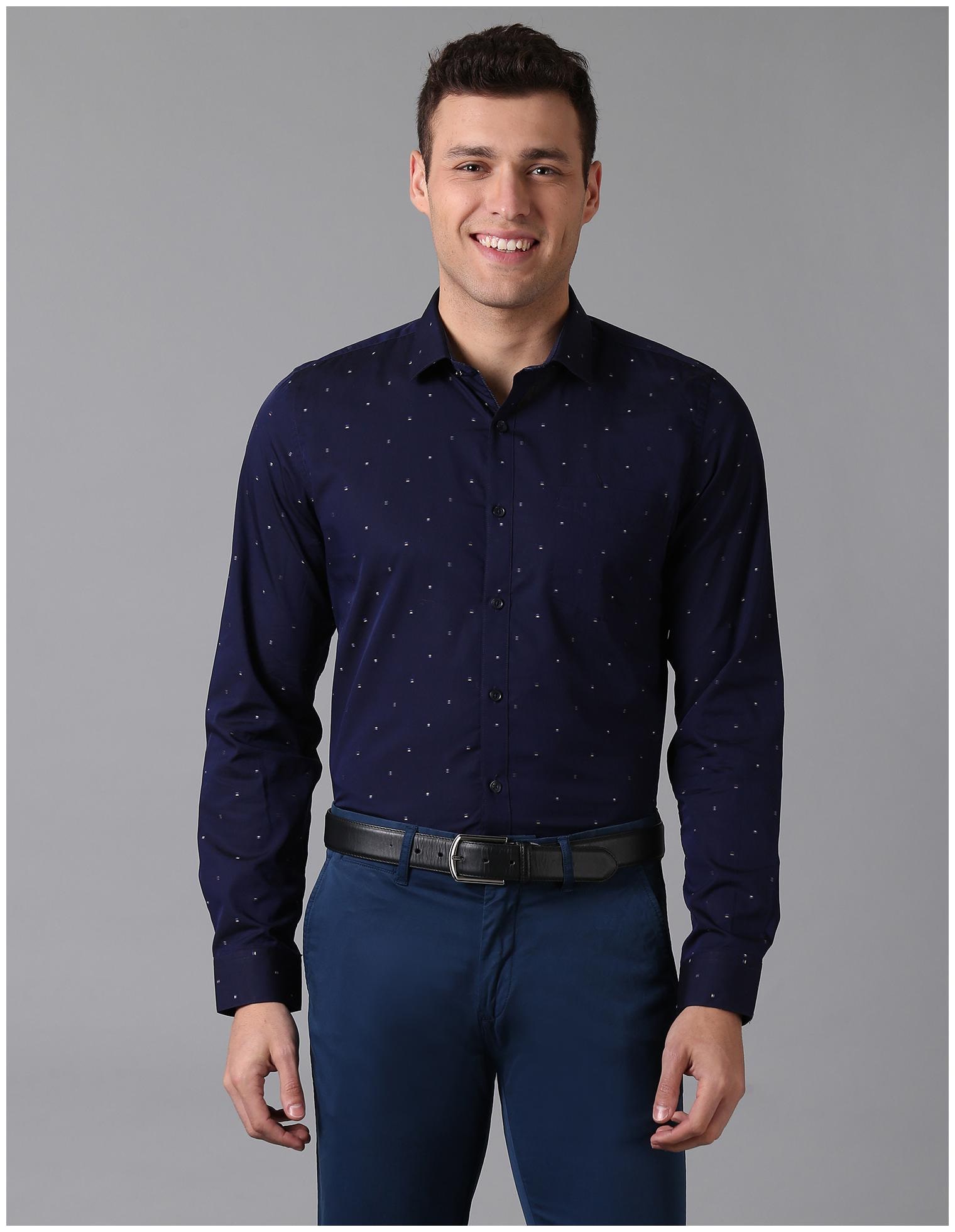

True Blue Men Navy Blue Weaved Slim Fit Casual Shirt
