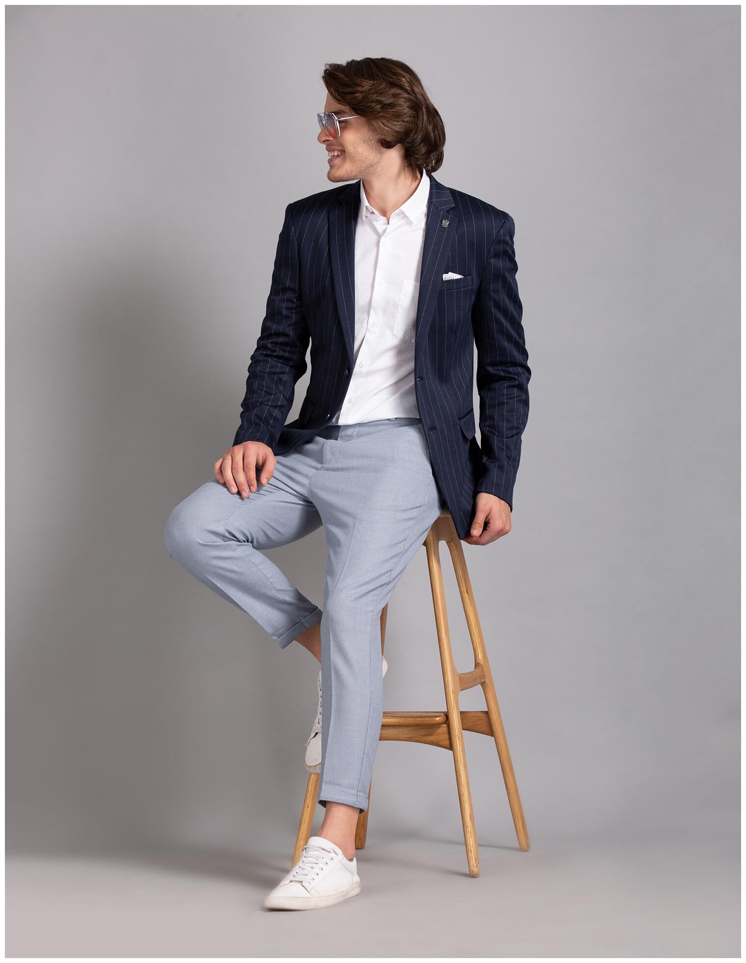 

True Blue Men Blue Striped Slim fit Single Breasted Blazer