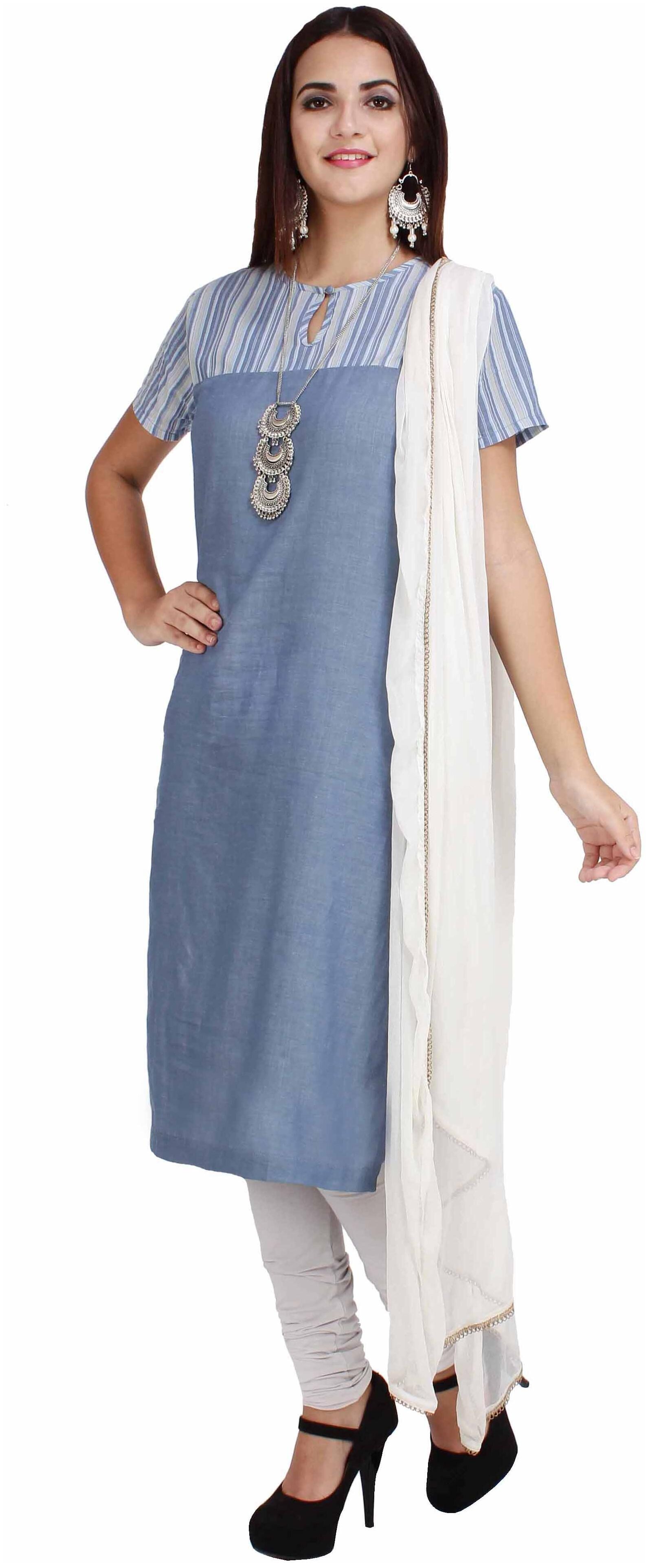 

TruLuv Elegant Design Kurti with beautiful Front Yoke Design and Stripe Fabric Blue denim Colour Heavy quality cool cotton fabric