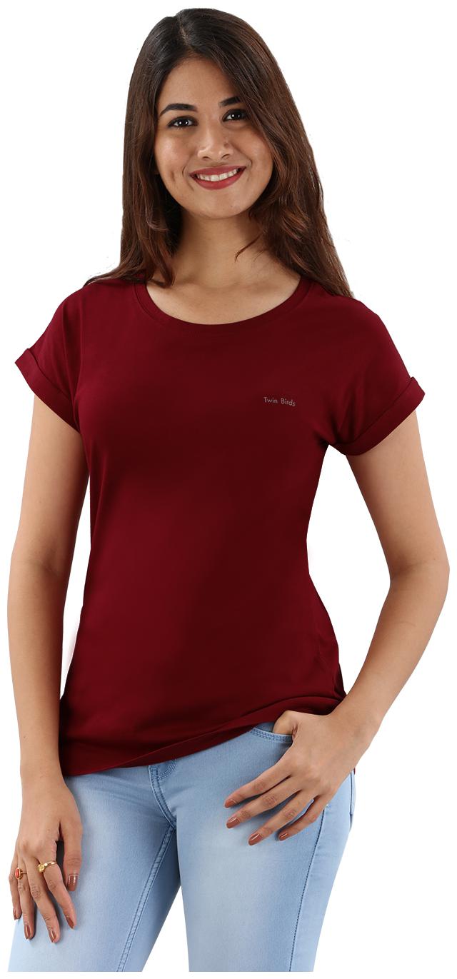 

Twin Birds Women Maroon Regular fit Round neck Cotton T shirt