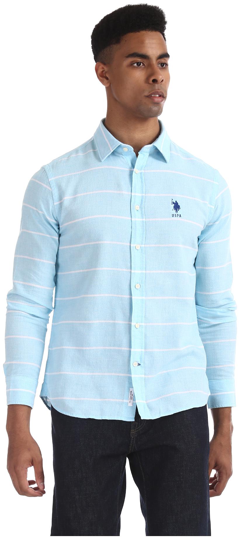 

U S Polo Assn Men Blue Vertical Stripes Regular Fit Casual Shirt