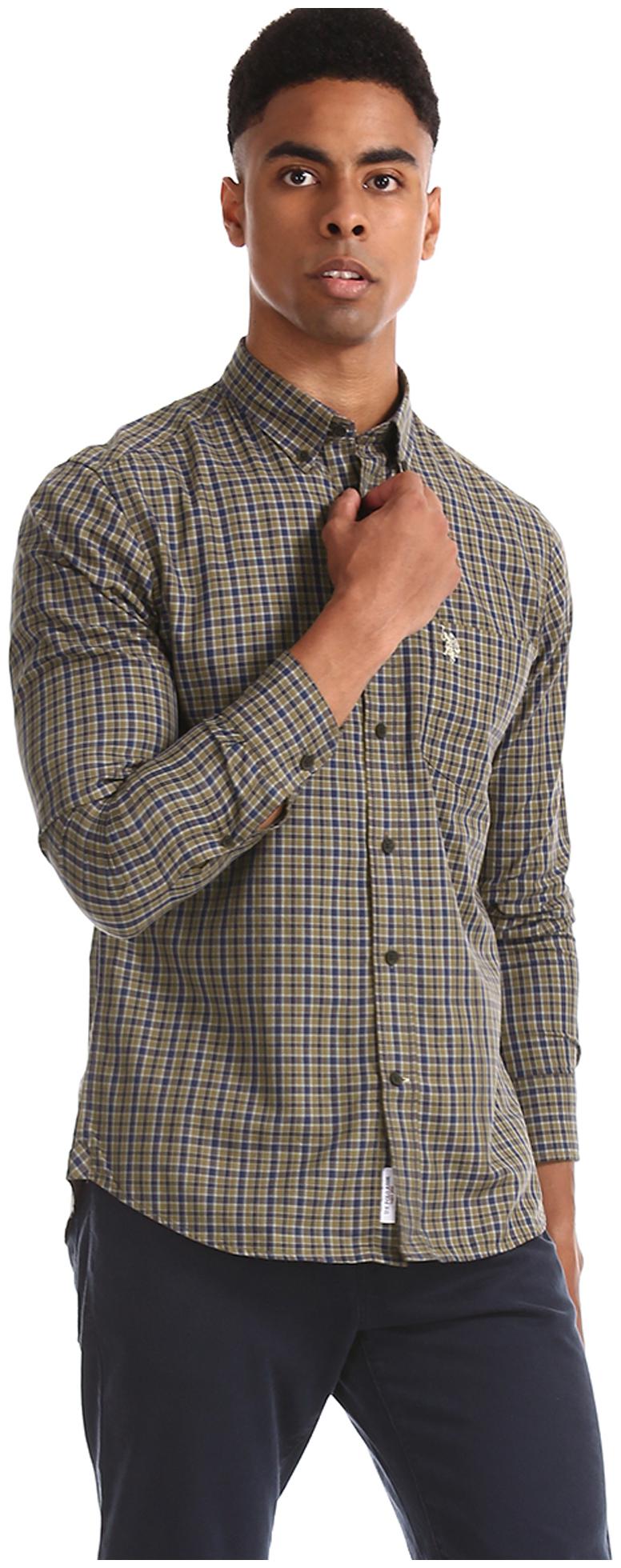 

U S Polo Assn Men Green Blue Checked Regular Fit Casual Shirt