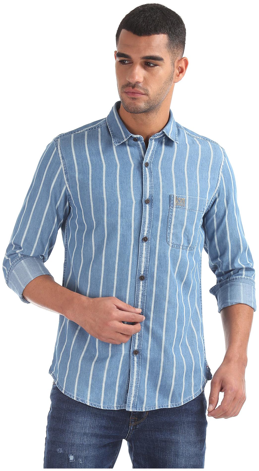 

U S Polo Assn Men Blue Vertical Stripes Slim Fit Casual Shirt