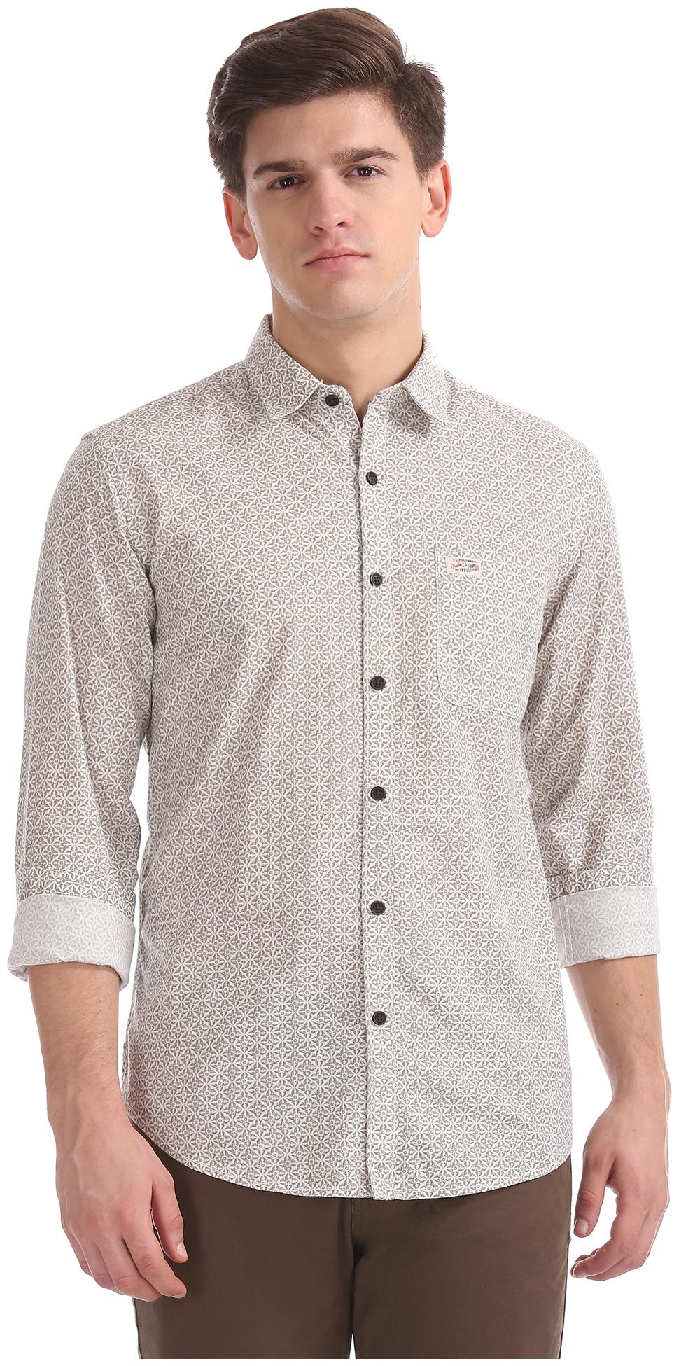 

U S Polo Assn Men White Printed Slim Fit Casual Shirt