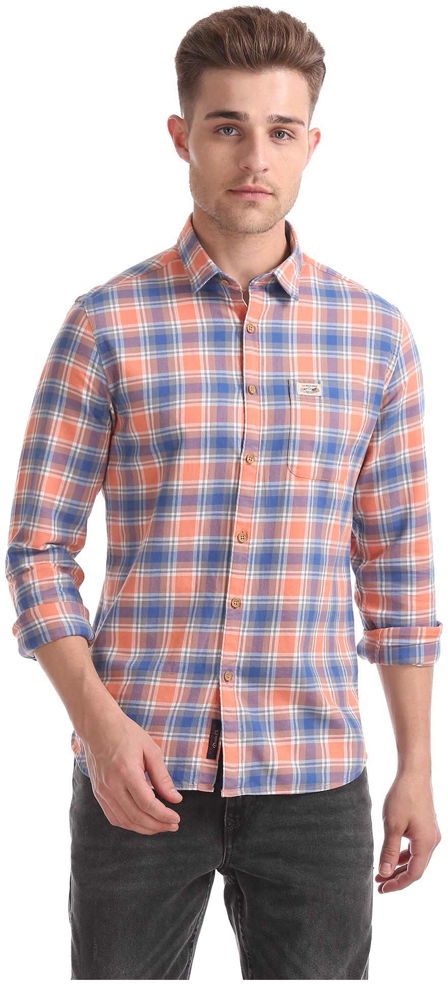 

U S Polo Assn Men Orange Checked Slim Fit Casual Shirt