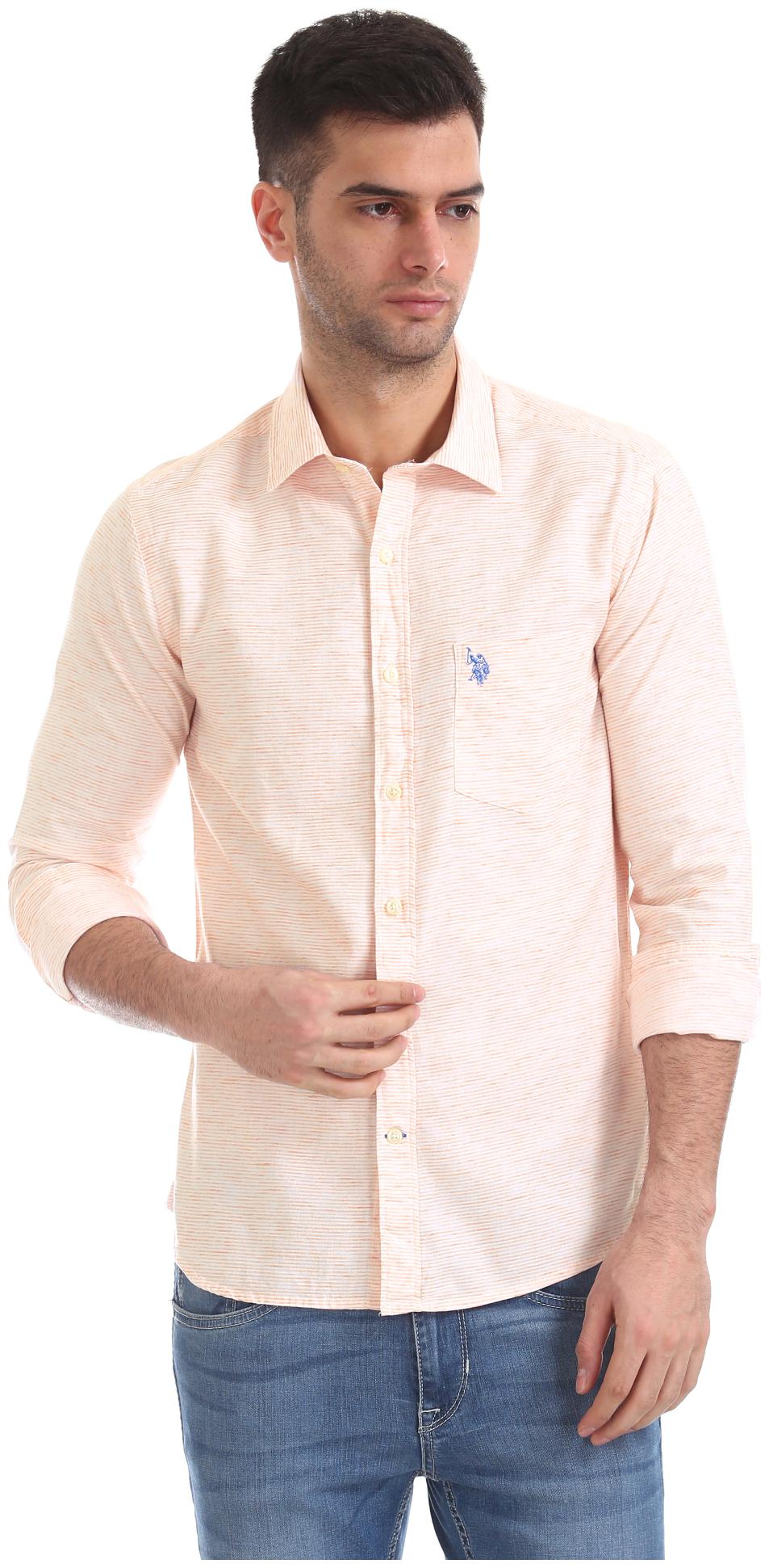 

U S Polo Assn Men Orange Horizontal Stripes Regular Fit Casual Shirt