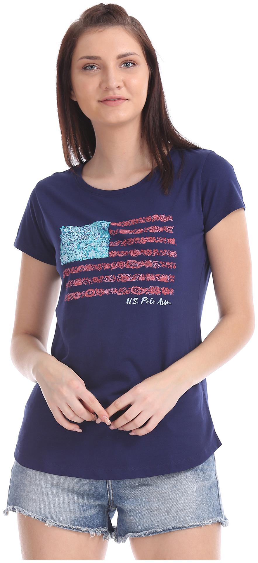 

U S Polo Assn Women Blue Regular fit Round neck Cotton T shirt