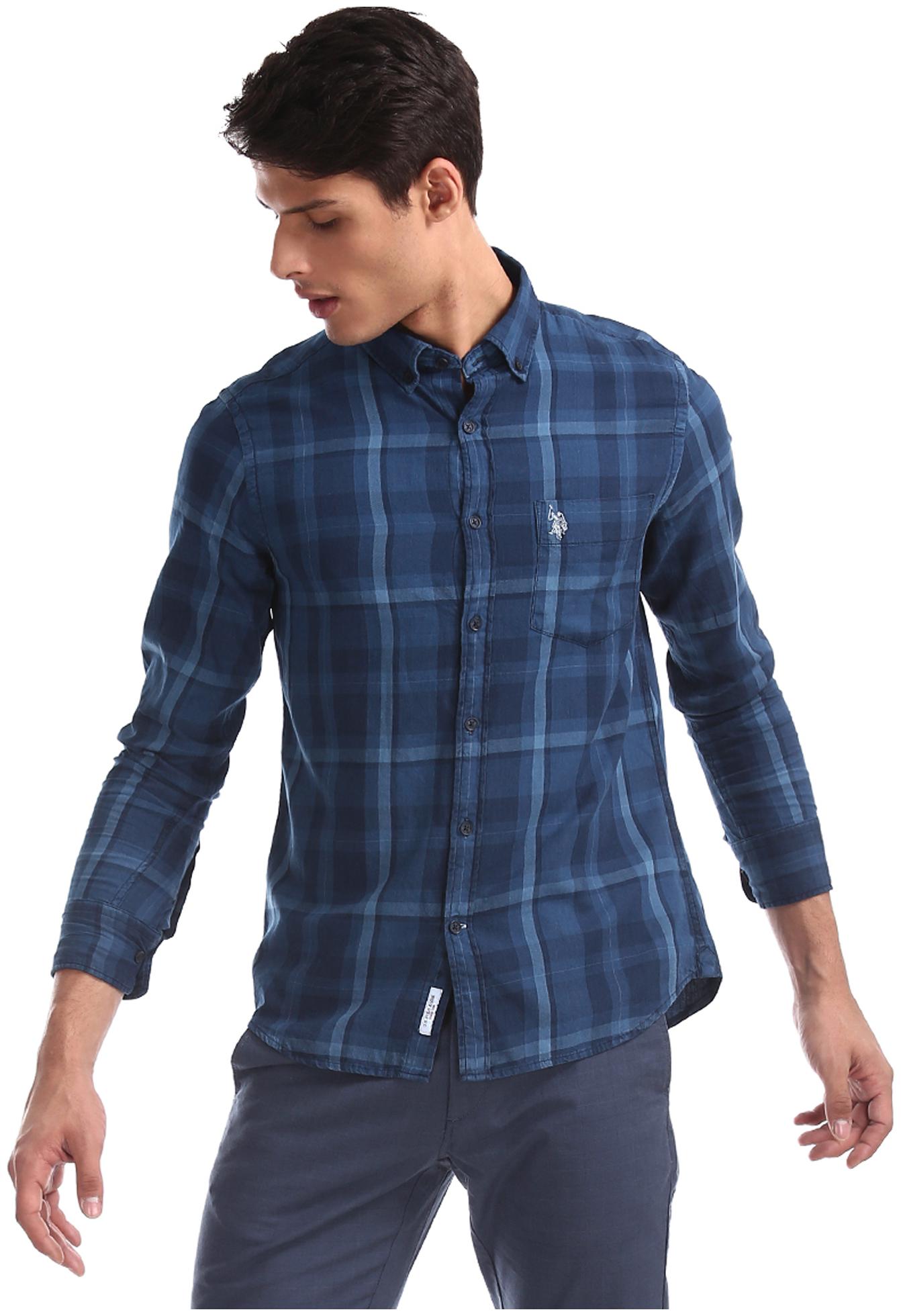 

U S Polo Assn Men Blue Checked Regular Fit Casual Shirt