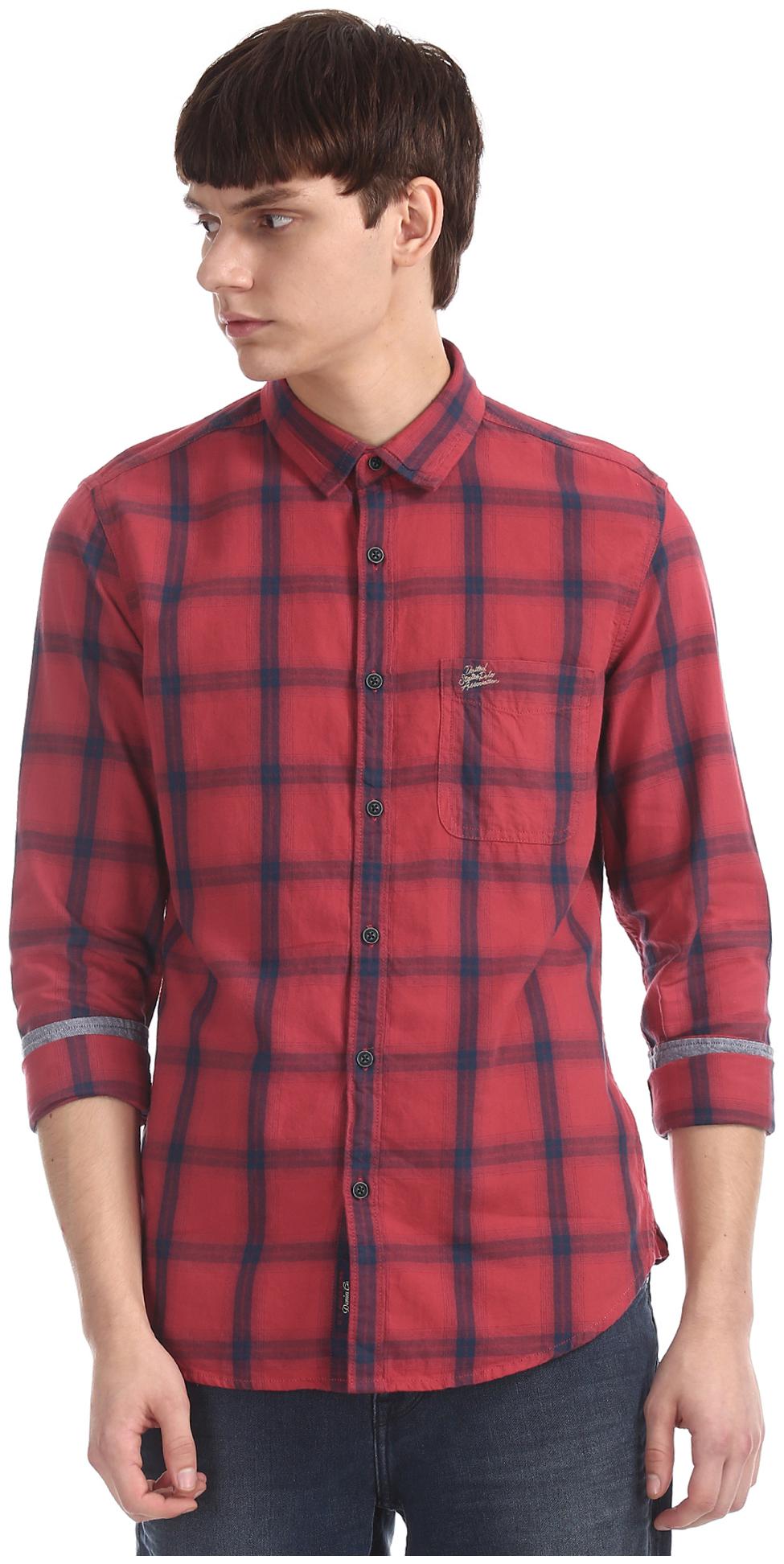 

U S Polo Assn Men Red Checked Slim Fit Casual Shirt