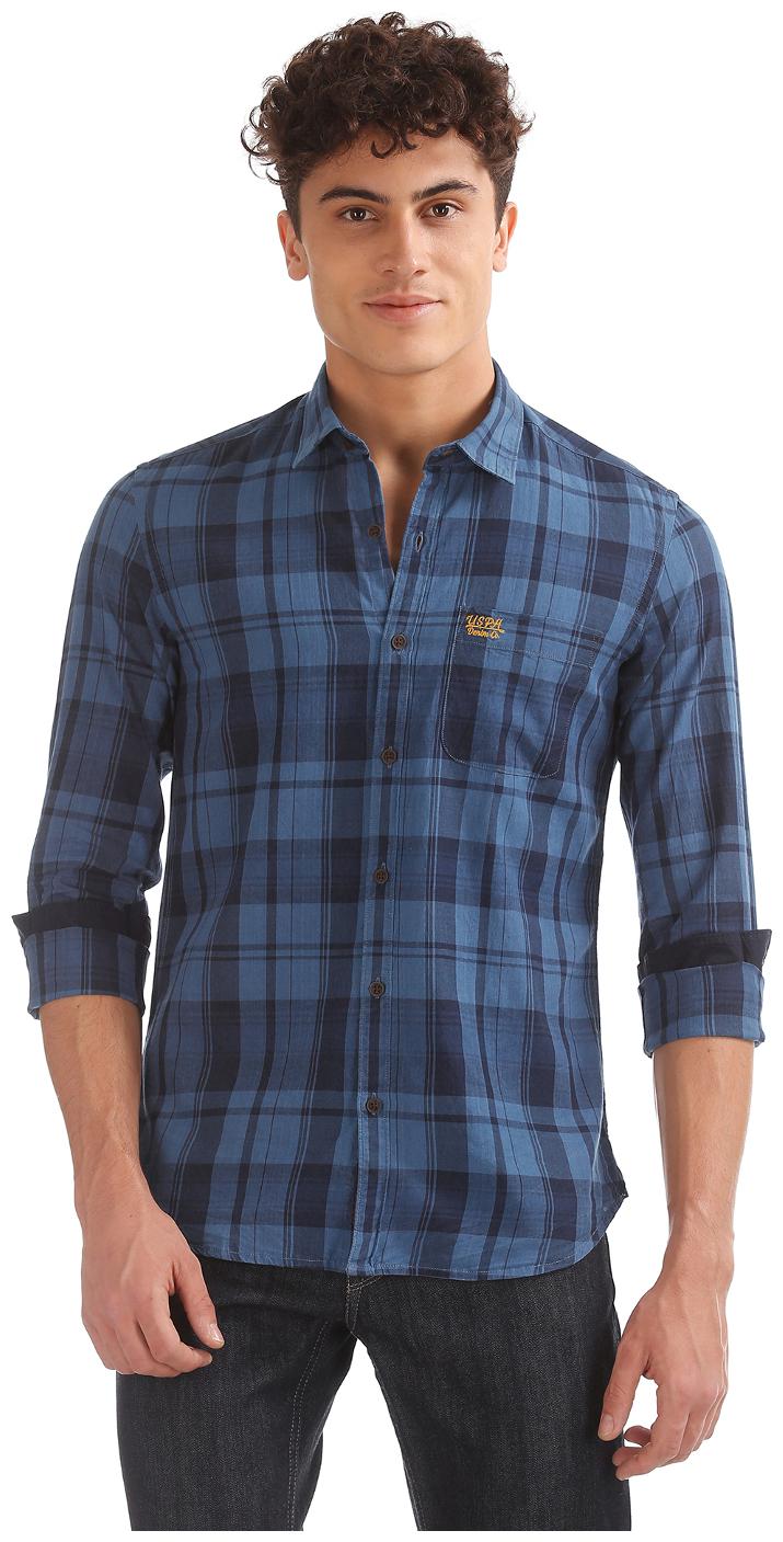 

U S Polo Assn Men Blue Checked Slim Fit Casual Shirt