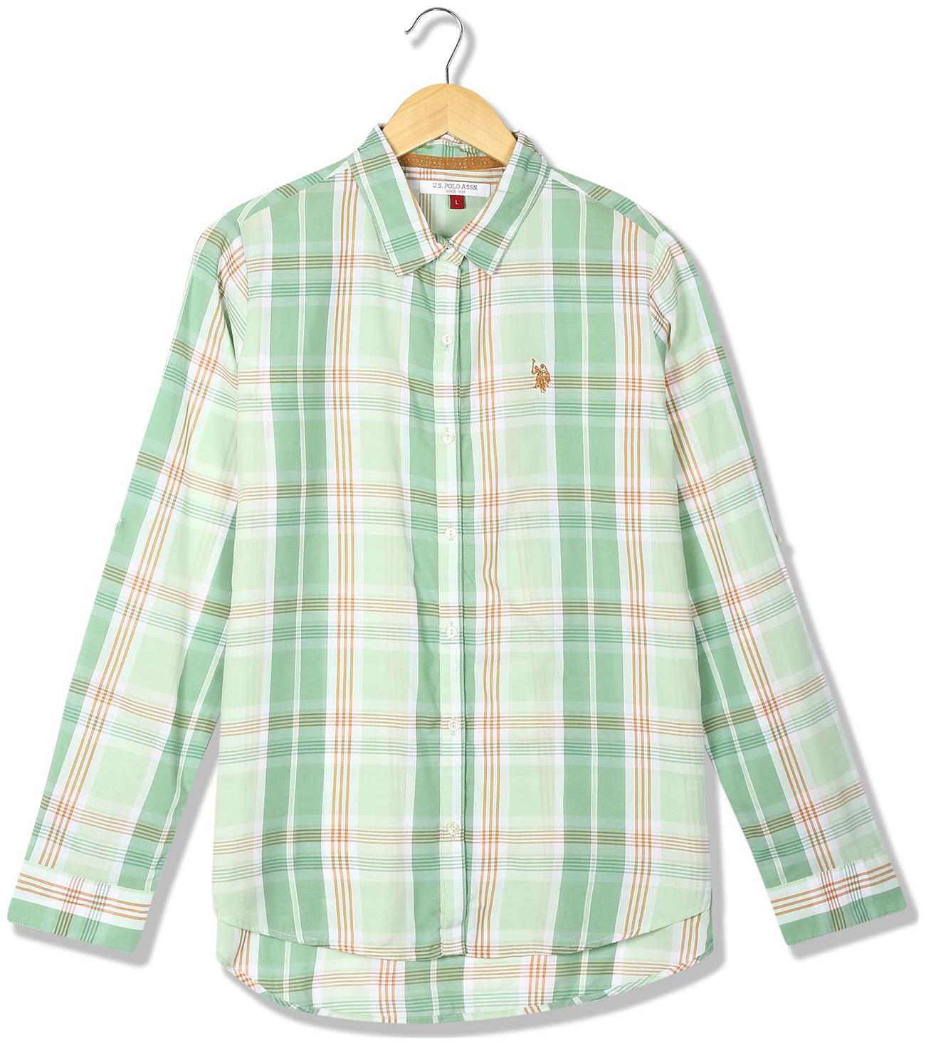 

U S Polo Assn Women Green Checked Regular Fit Shirt