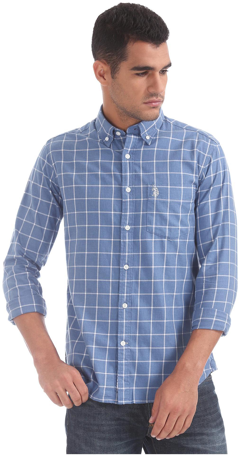 

U S Polo Assn Men Blue Checked Regular Fit Casual Shirt