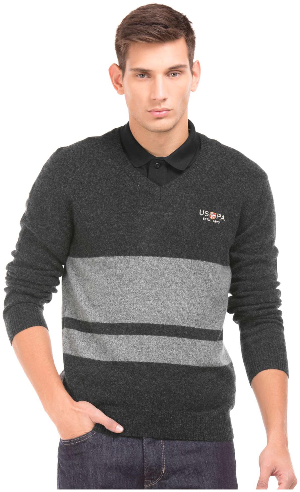 

U S Polo Assn Denim Co Grey Wool Muscle Fit Striped Sweater