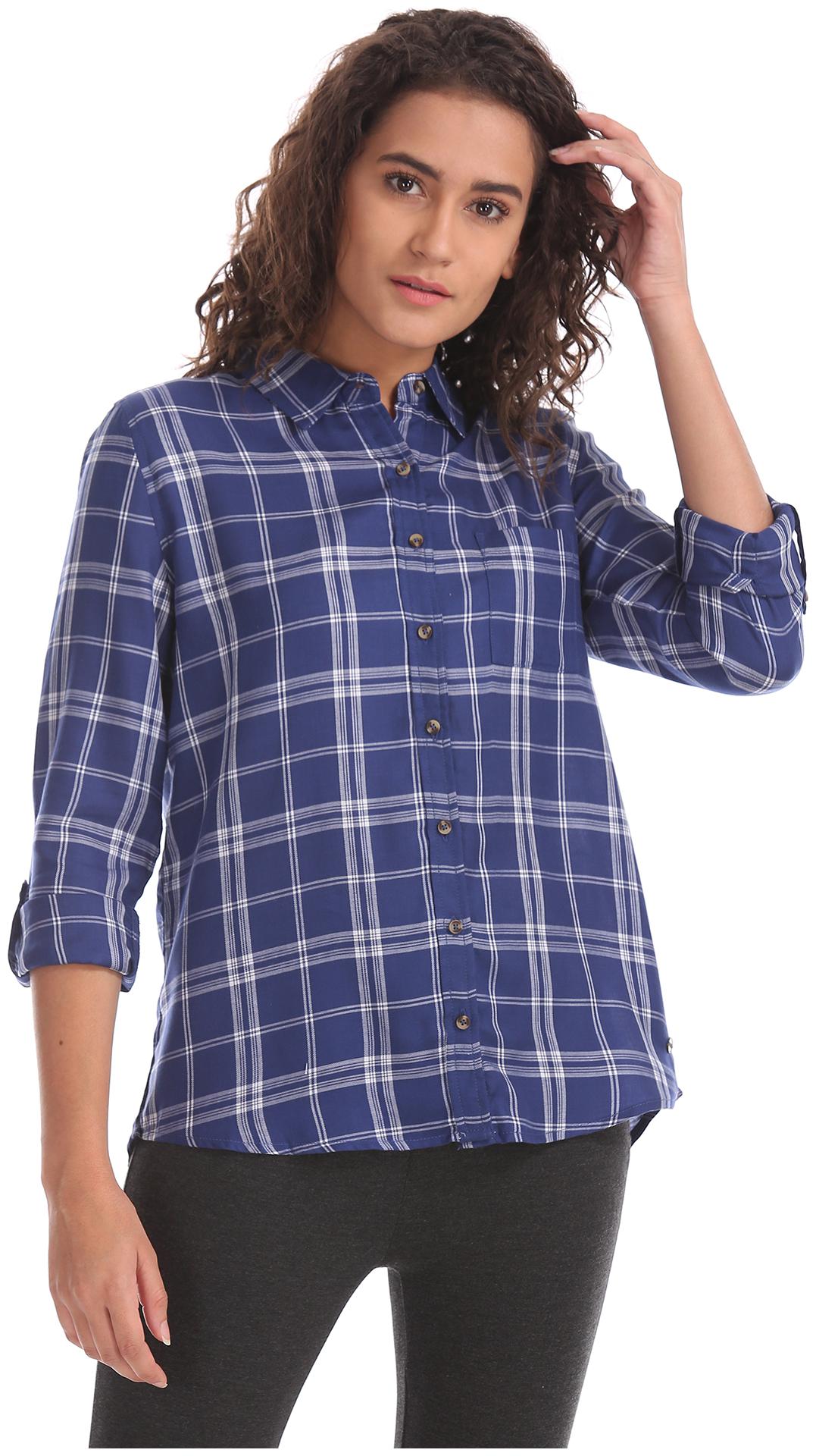 

U S Polo Assn Women Blue Checked Regular Fit Shirt