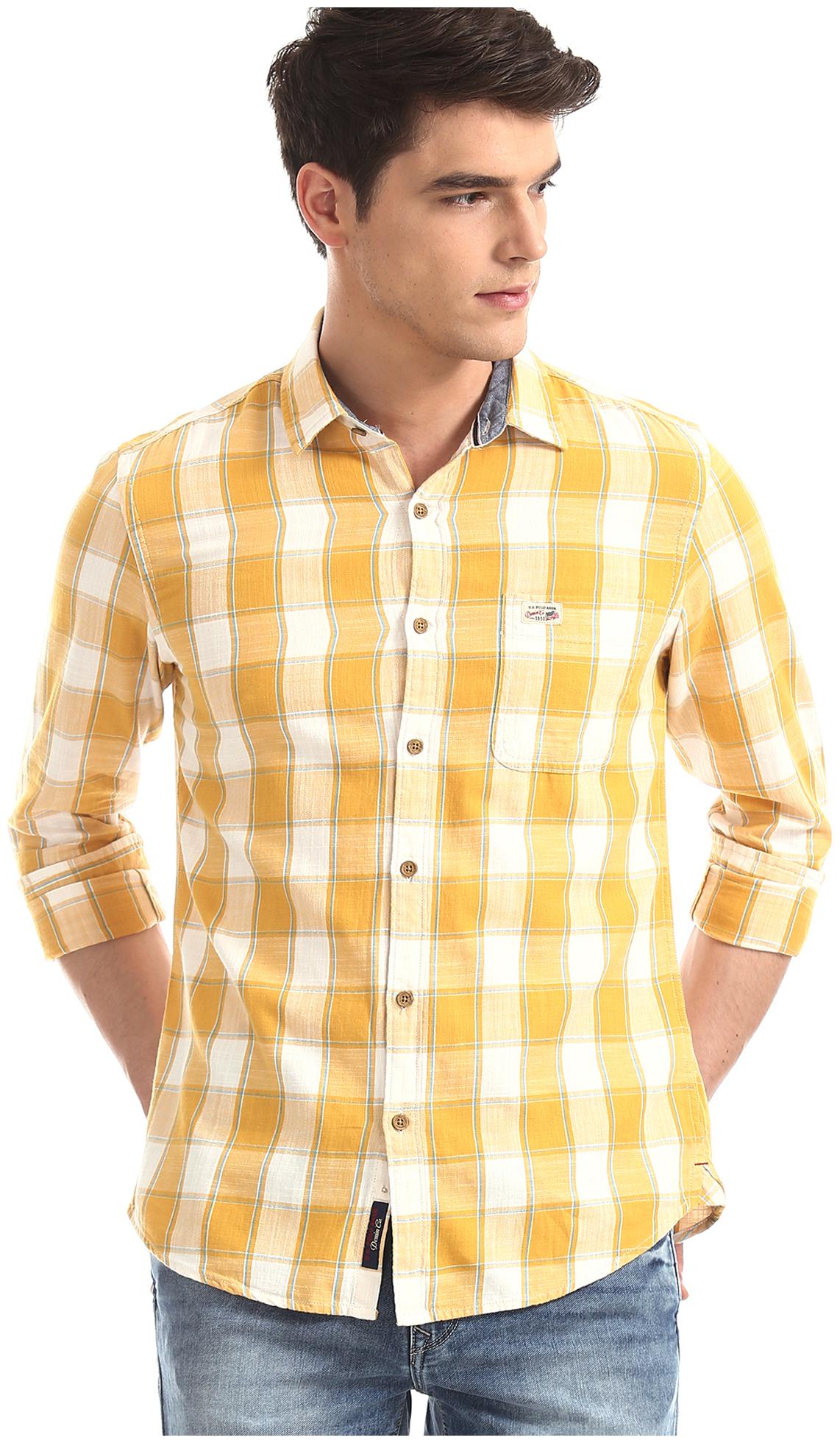 

U S Polo Assn Men Yellow Checked Slim Fit Casual Shirt