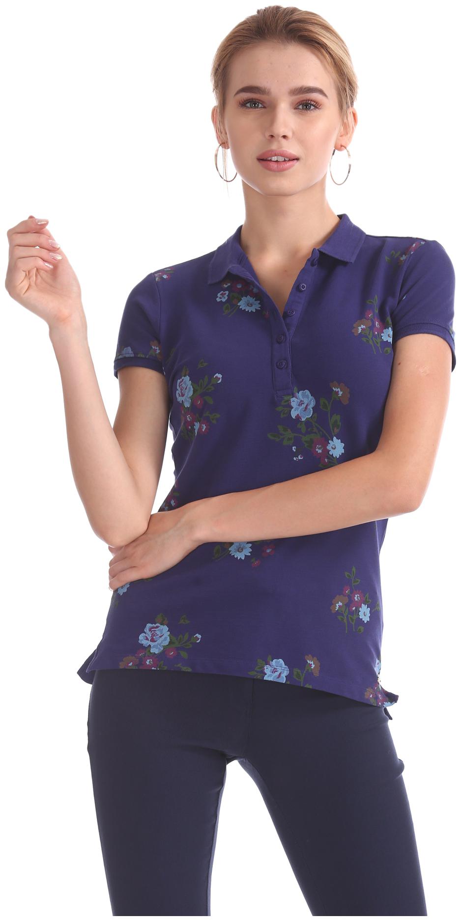 

U S Polo Assn Women Blue Regular fit Polo neck Cotton T shirt