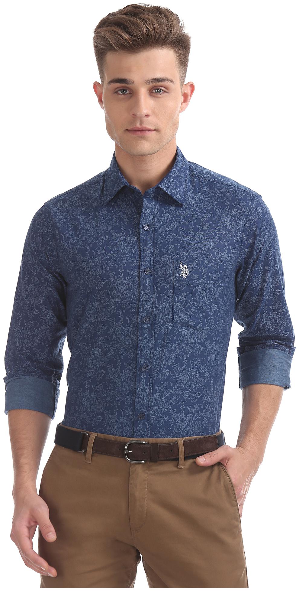 

U S Polo Assn Men Blue Printed Regular Fit Casual Shirt