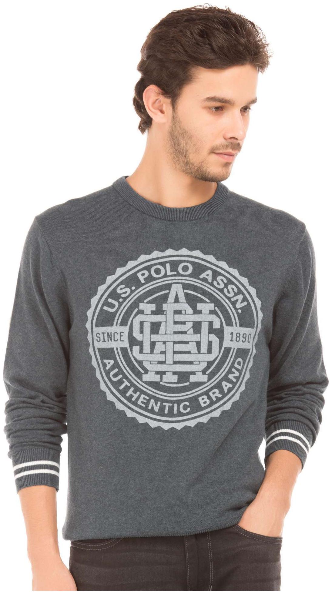 

U S Polo Assn Denim Co Grey Cotton Printed Crew Neck Sweater