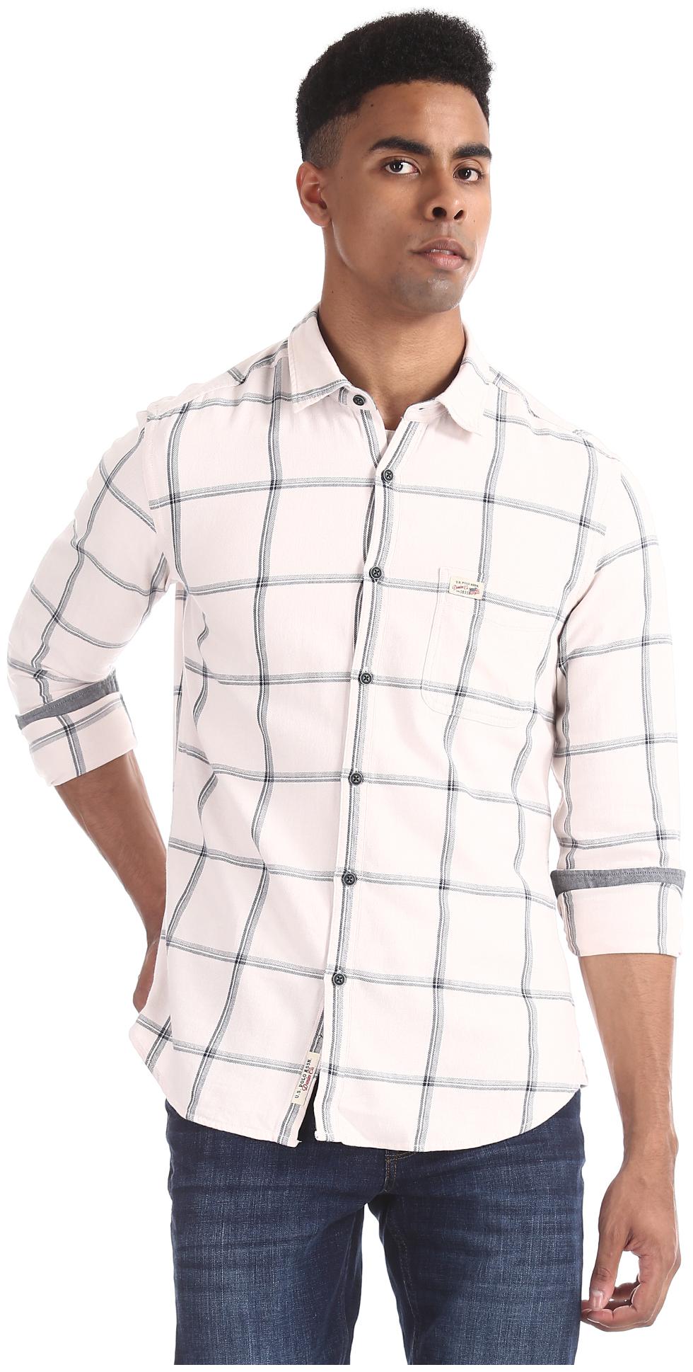 

U S Polo Assn Men White Checked Slim Fit Casual Shirt
