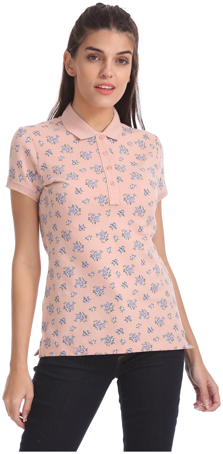 

U S Polo Assn Women Pink Regular fit Polo neck Cotton T shirt