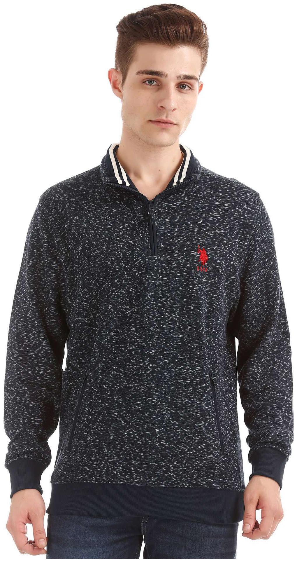 

U S Polo Assn Blue Cotton Heathered Half Zip Sweatshirt