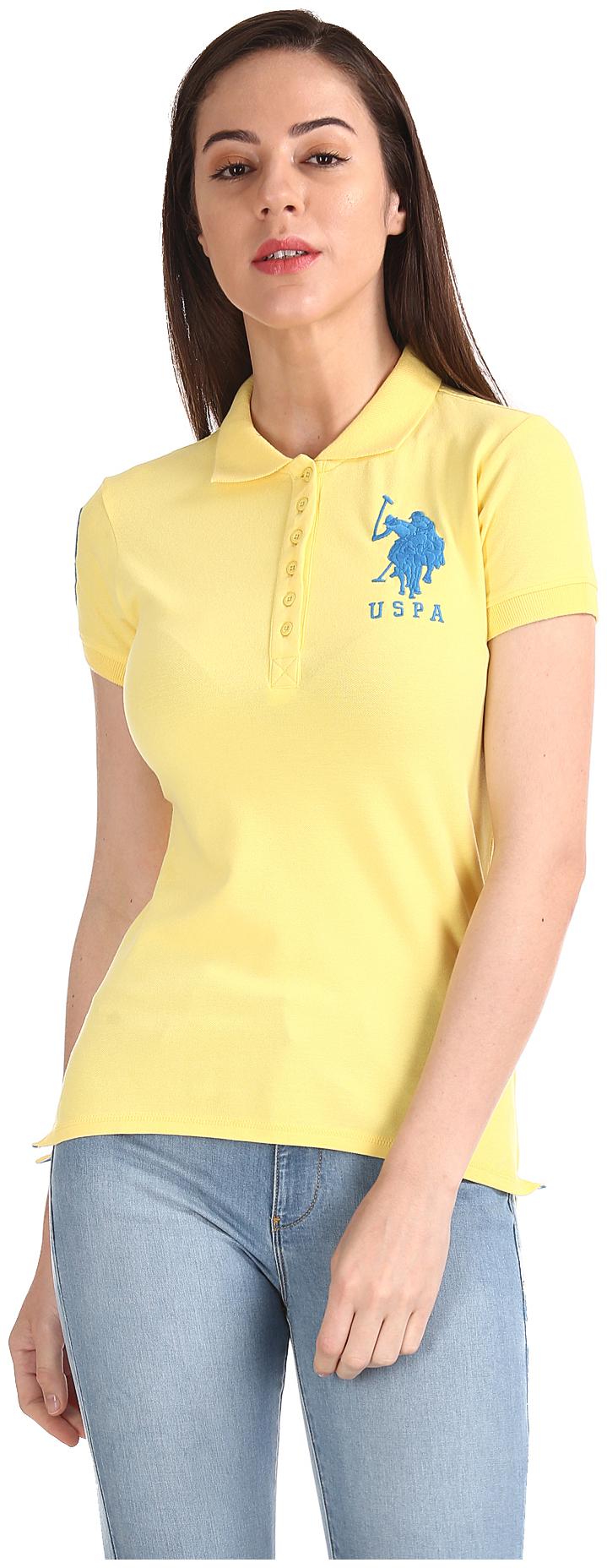 

U S Polo Assn Women Yellow Regular fit Polo neck Cotton T shirt